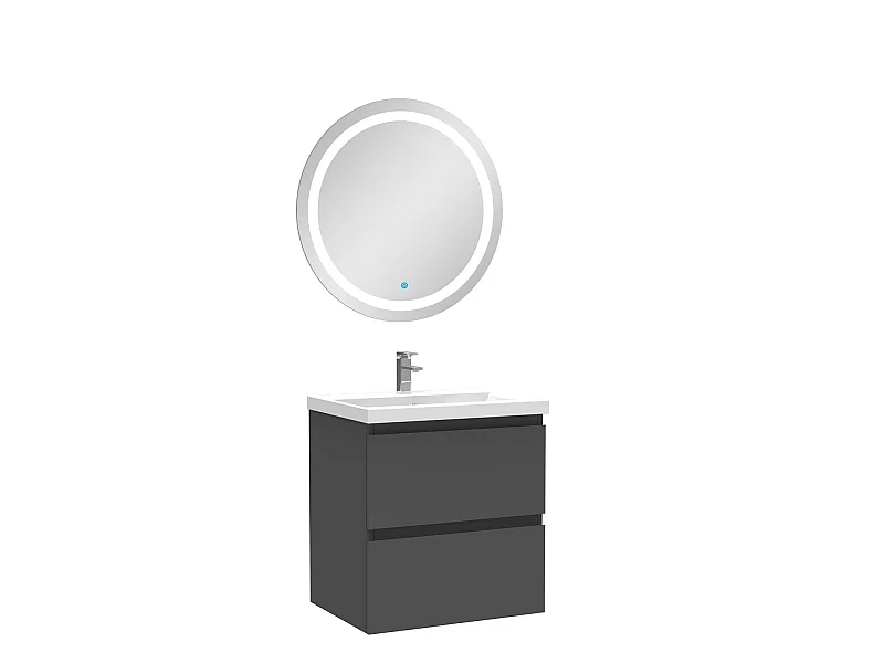 Ensemble meuble Salle de Bain 50cm Anthracite simple vasque + miroir lumineux rond