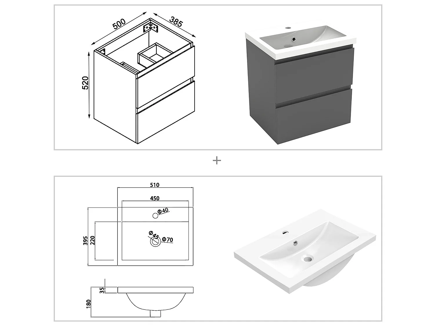 Ensemble meuble Salle de Bain 50cm Anthracite simple vasque + miroir lumineux rond