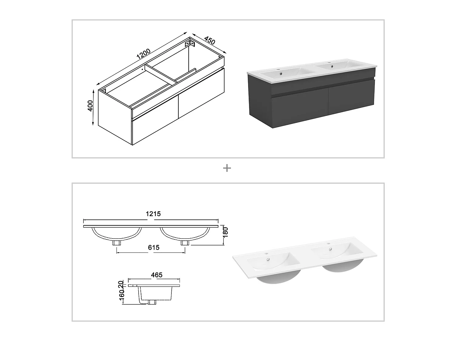 Ensemble meubles Salle de Bain double vasque 120cm + miroir lumineux Anthracite