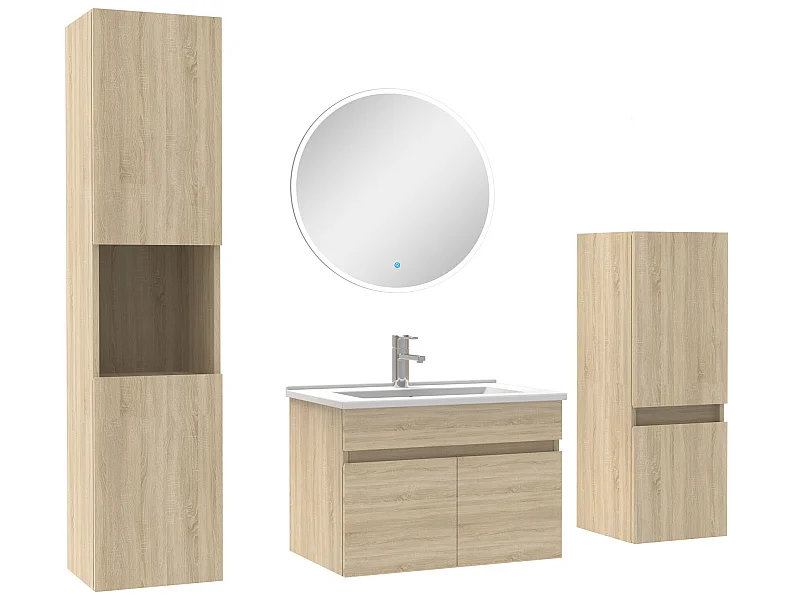 Meubles simple vasque 60cm,meuble acve colonne et miroir rond Chêne Wotan