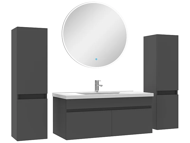Ensemble meubles Salle de Bain simple vasque 100cm, colonnex2 + miroir rond Anthracite