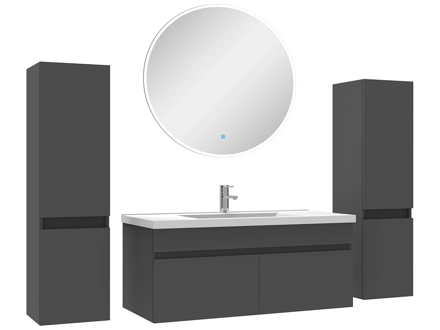 Ensemble meubles Salle de Bain simple vasque 100cm, colonnex2 + miroir rond Anthracite