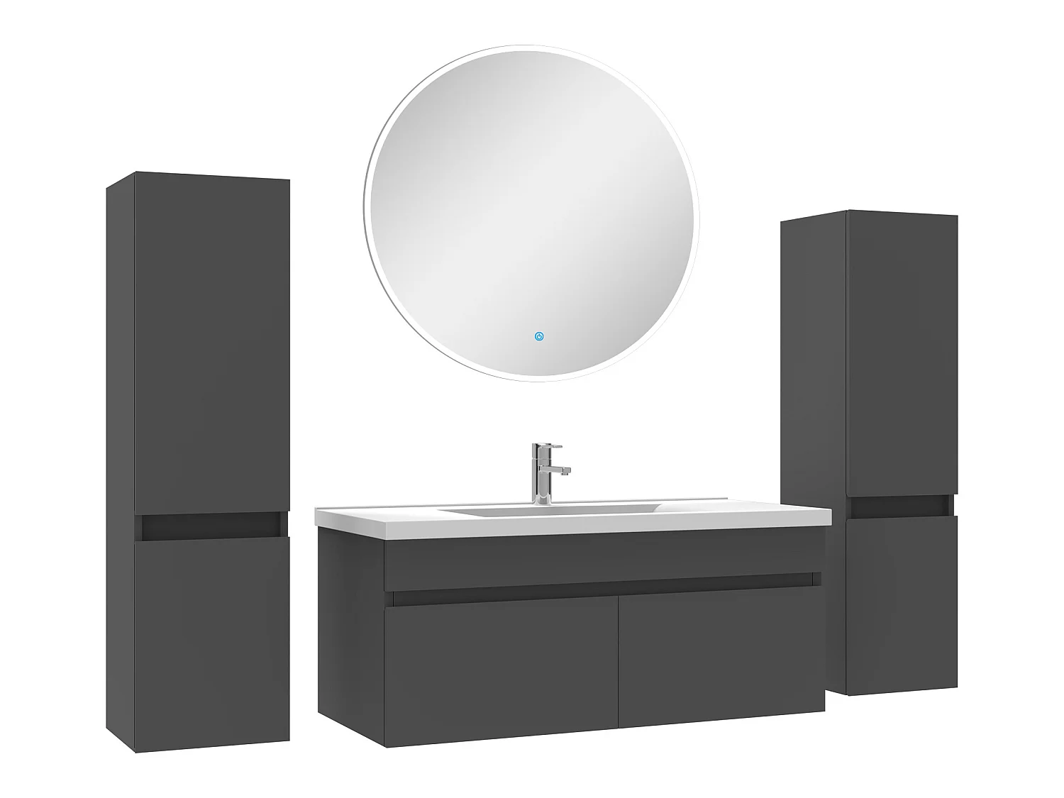 Ensemble meubles Salle de Bain simple vasque 100cm, colonnex2 + miroir rond Anthracite