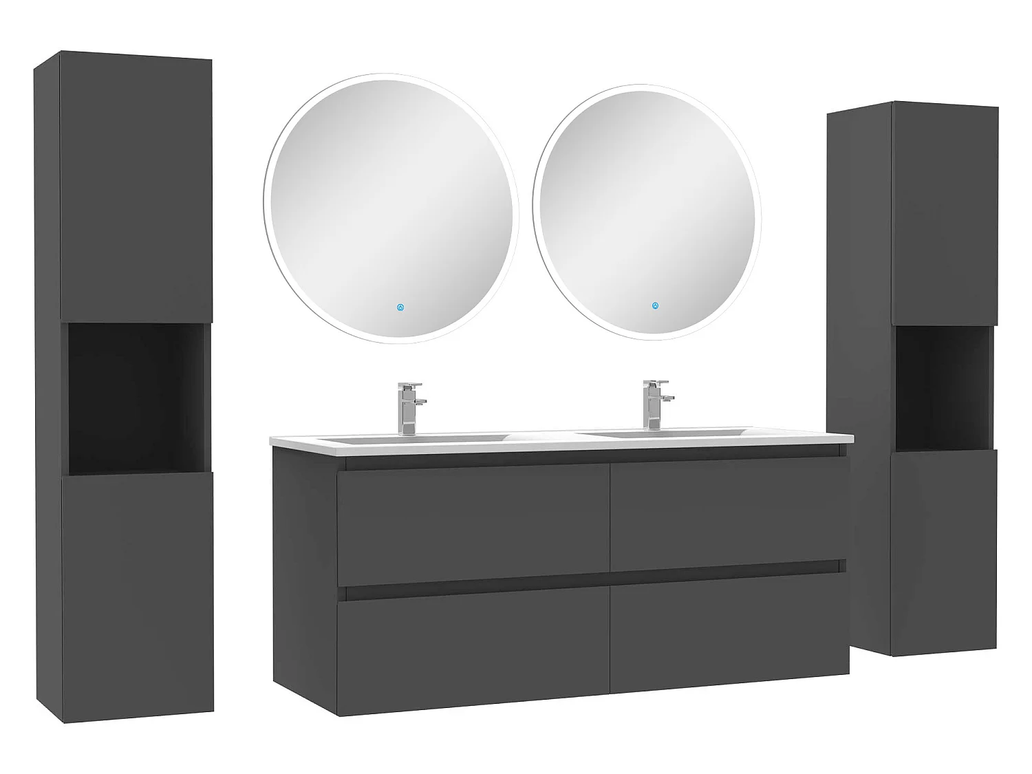 Ensemble meubles Salle de Bain avec colonne et miroir rond mural 120cm meuble Anthracite