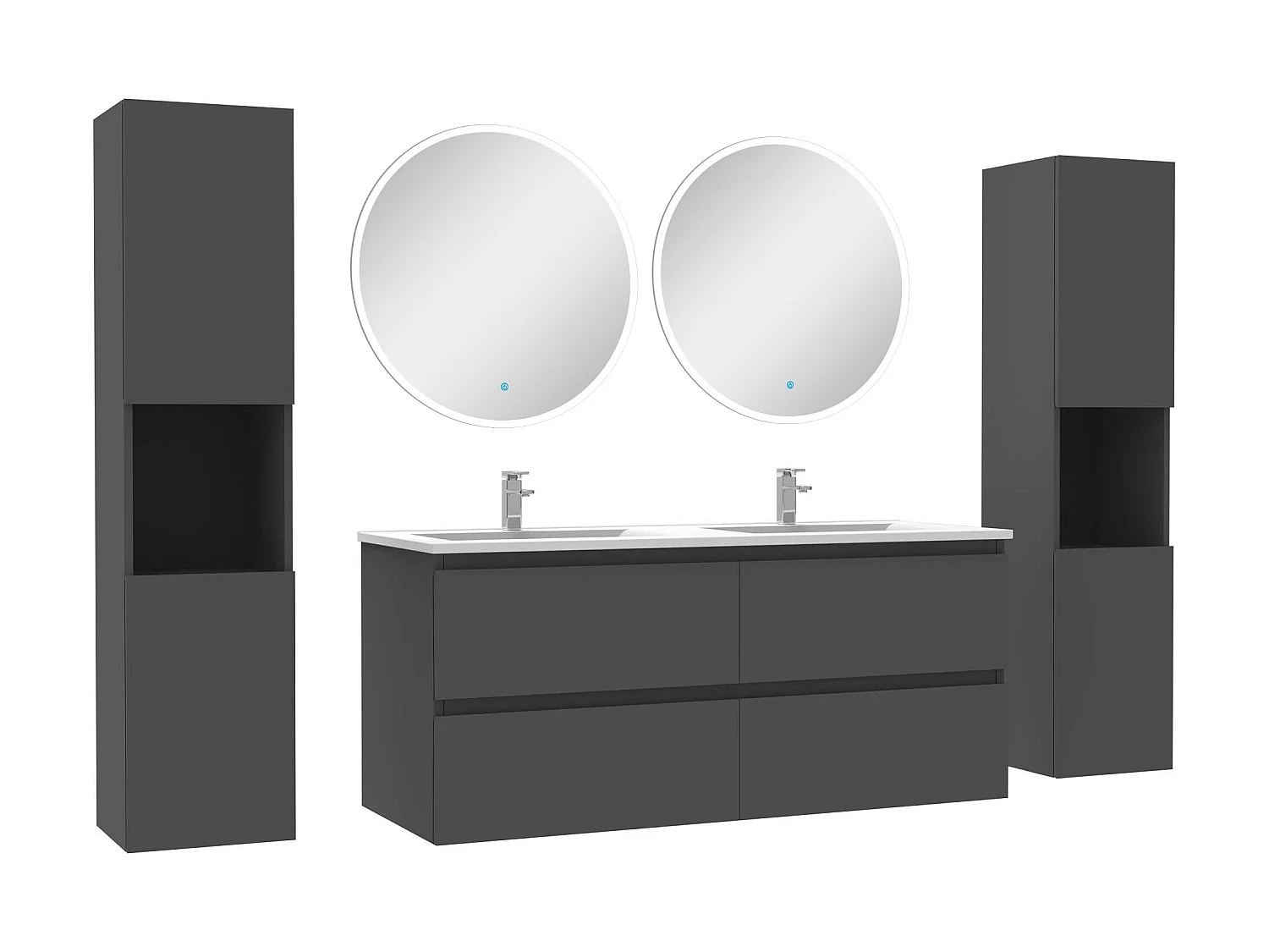 Ensemble meubles Salle de Bain avec colonne et miroir rond mural 120cm meuble Anthracite