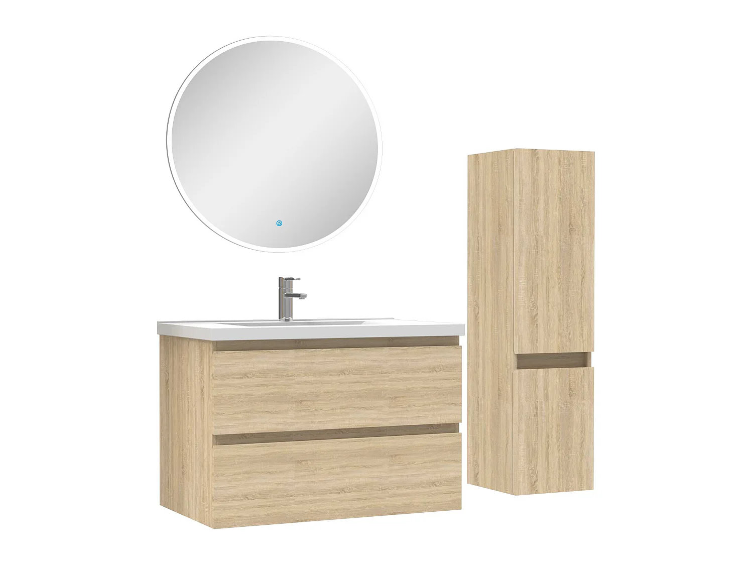 Ensemble meubles Salle de Bain 80cm vasque + colonne + miroir rond lumineux Chêne Wotan