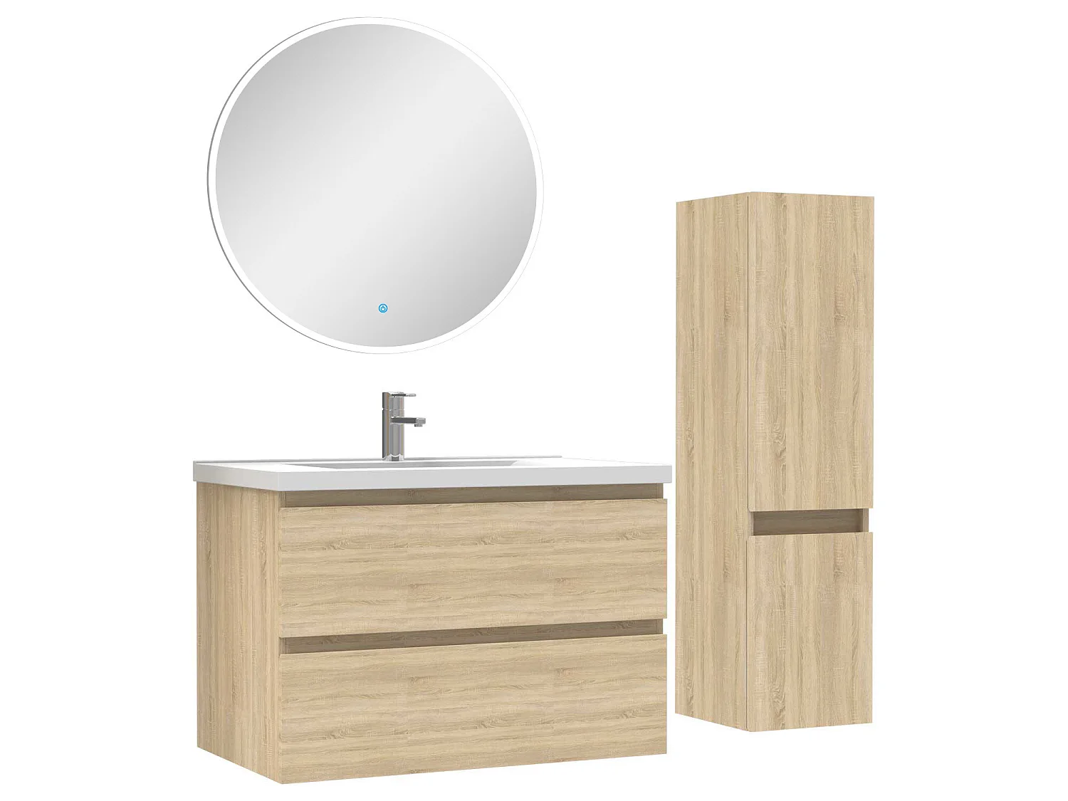 Ensemble meubles Salle de Bain 80cm vasque + colonne + miroir rond lumineux Chêne Wotan