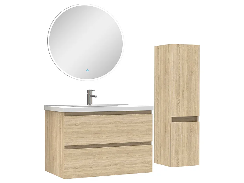 Ensemble meubles Salle de Bain 80cm vasque + colonne + miroir rond lumineux Chêne Wotan
