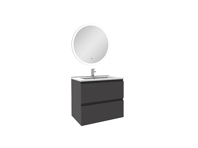 Ensemble meuble Salle de Bain Anthracite 60cm simple vasque + miroir lumineux rond