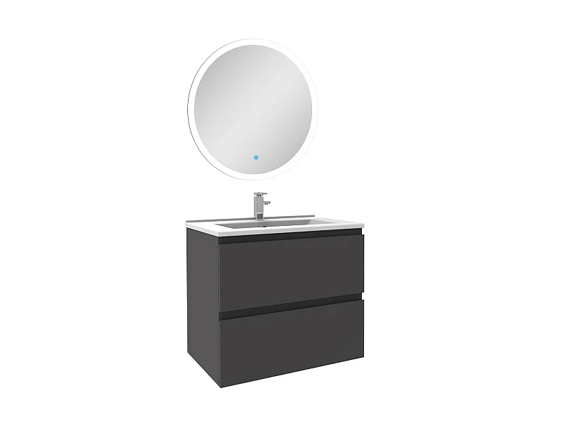 Ensemble meuble Salle de Bain Anthracite 60cm simple vasque + miroir lumineux rond