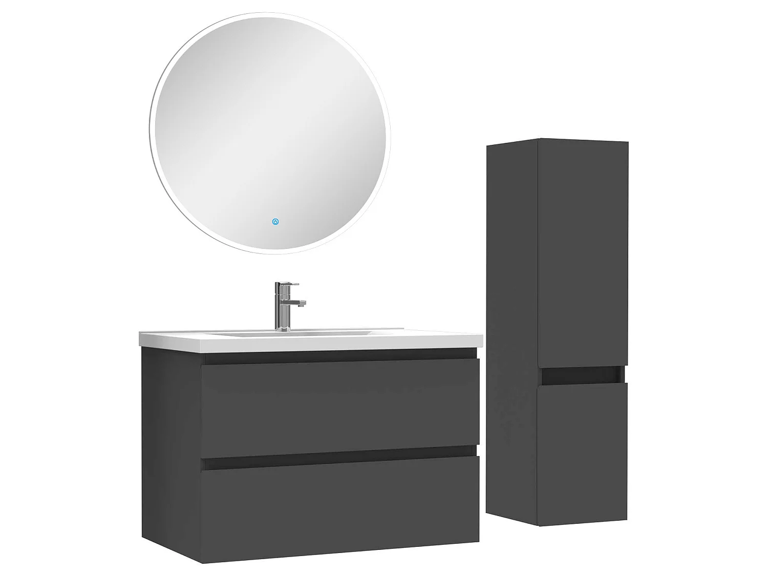 Ensemble meubles Salle de Bain 80cm vasque + colonne + miroir rond lumineux Anthracite