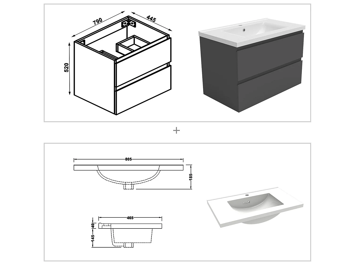 Ensemble meubles Salle de Bain 80cm vasque + colonne + miroir rond lumineux Anthracite