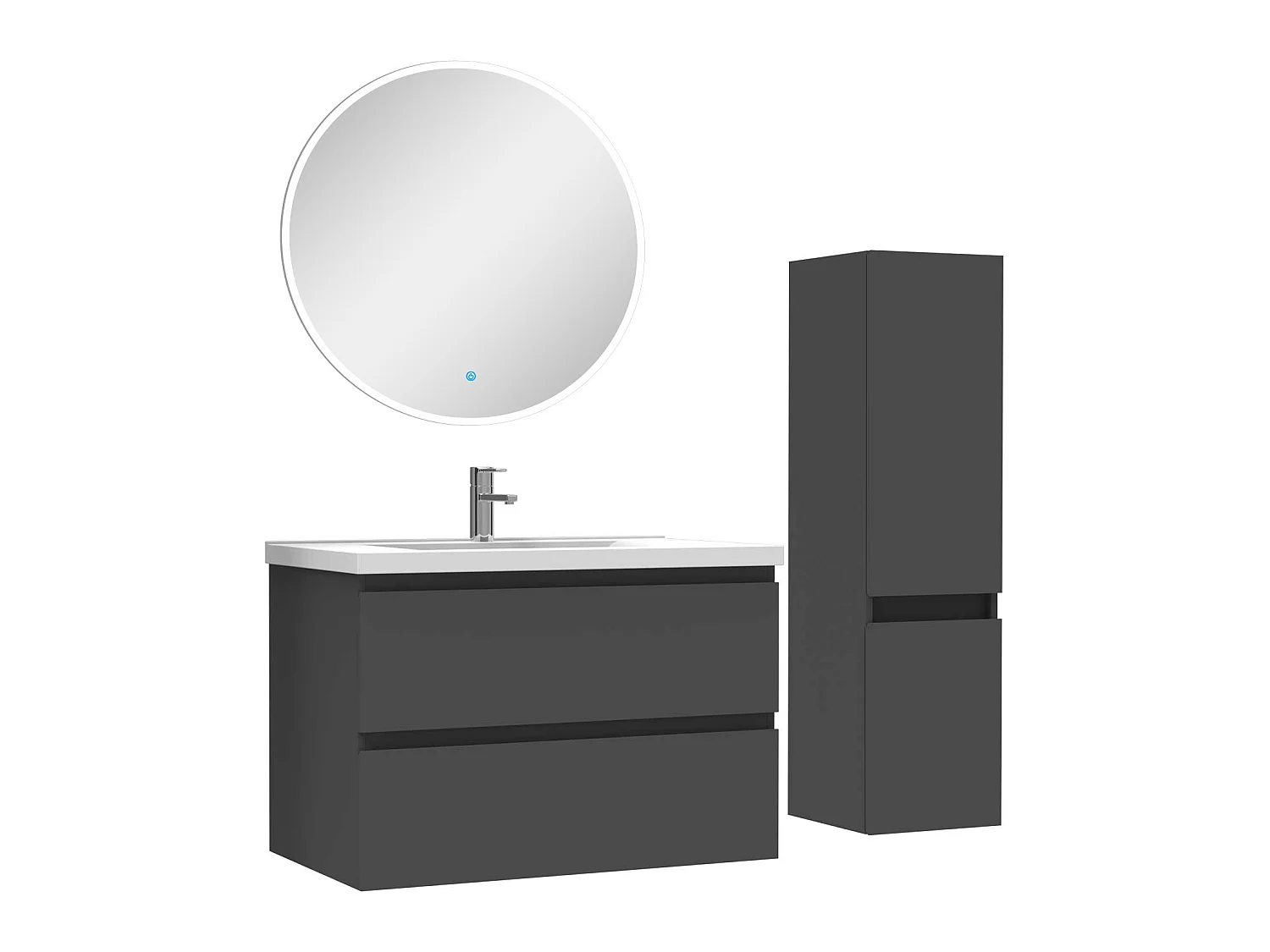 Ensemble meubles Salle de Bain 80cm vasque + colonne + miroir rond lumineux Anthracite