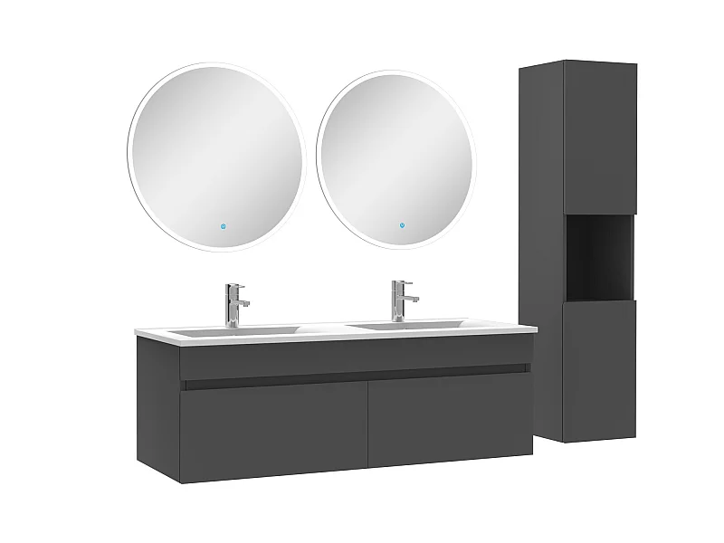 Ensemble Salle De Bain avec colonne et miroir rond 120cm meuble Anthracite