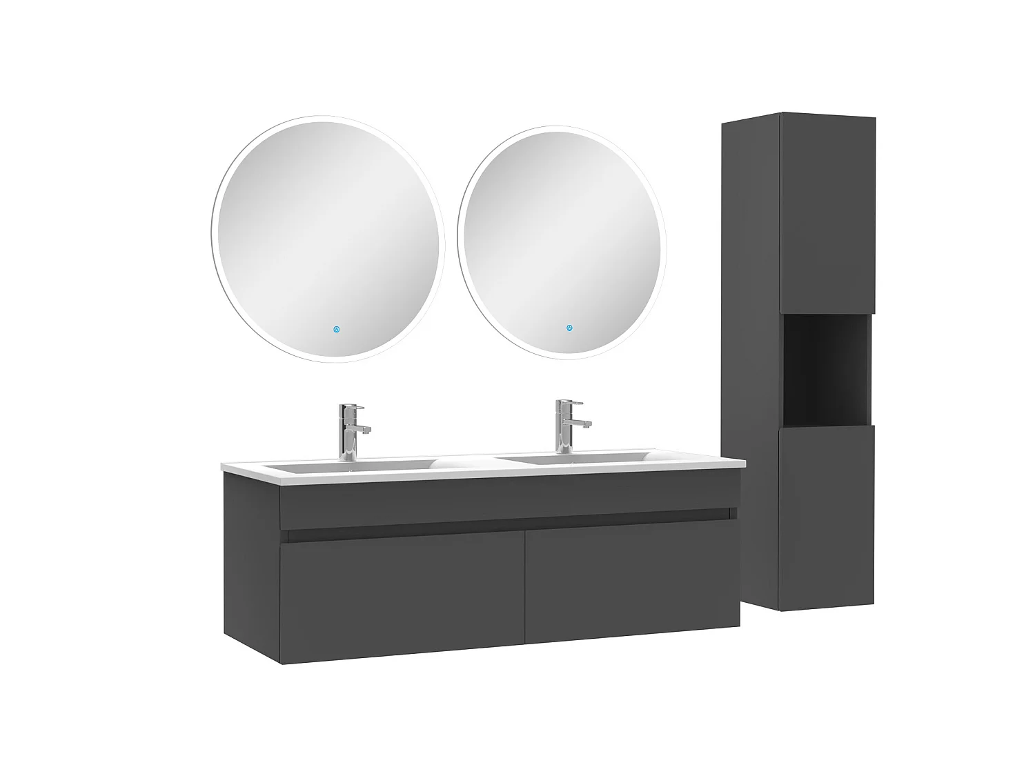 Ensemble Salle De Bain avec colonne et miroir rond 120cm meuble Anthracite