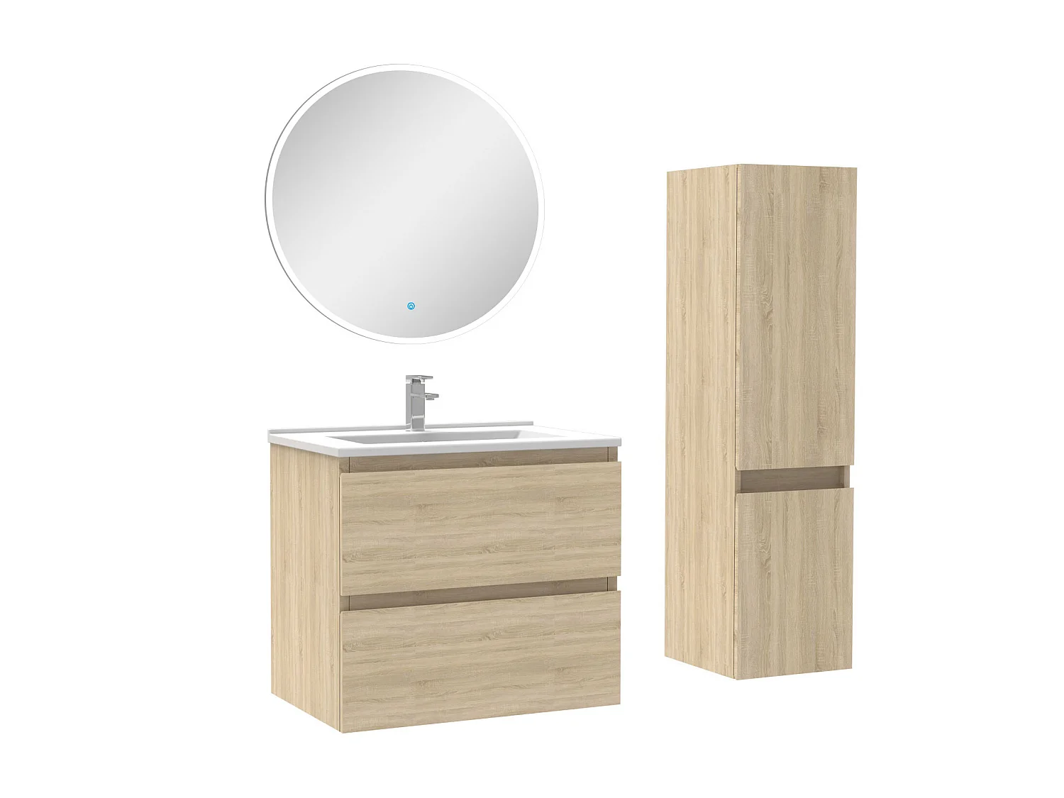 Ensemble meubles Salle de Bain 60cm vasque + colonne + miroir rond lumineux Chêne Wotan