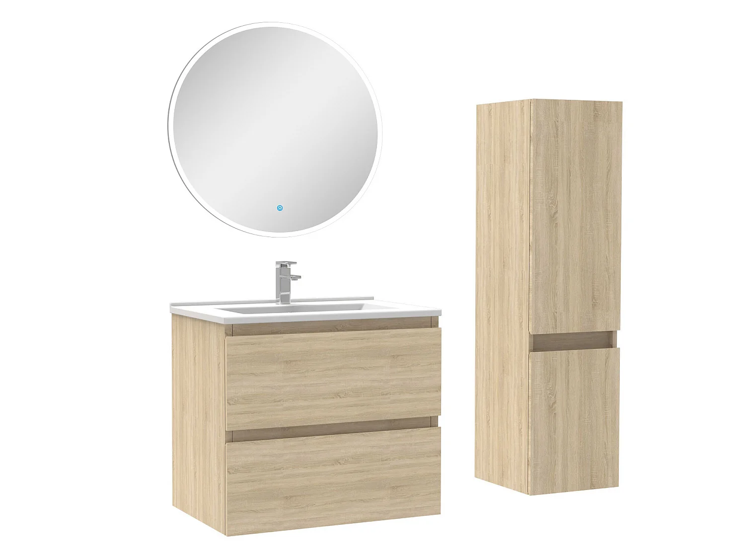 Ensemble meubles Salle de Bain 60cm vasque + colonne + miroir rond lumineux Chêne Wotan