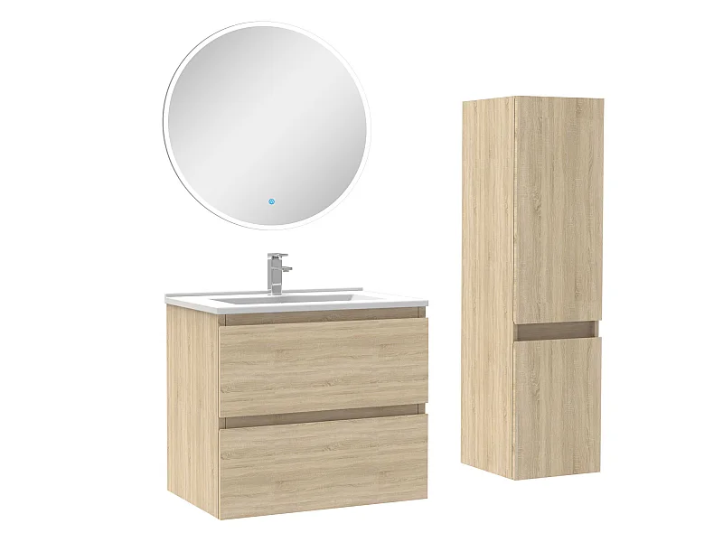 Ensemble meubles Salle de Bain 60cm vasque + colonne + miroir rond lumineux Chêne Wotan