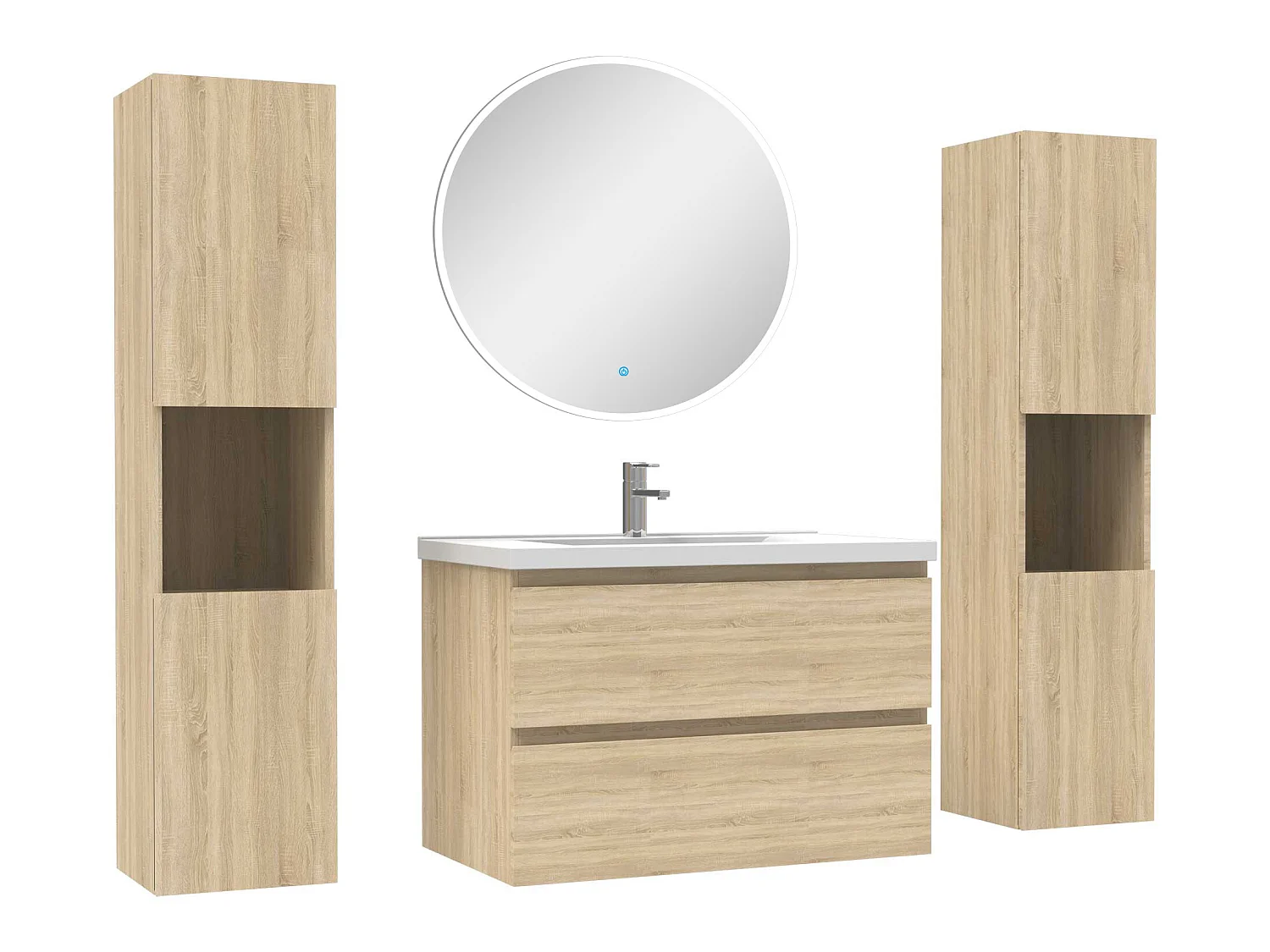 Ensemble meubles Salle de Bain avec colonne et miroir rond mural 80cm meuble Chêne Wotan