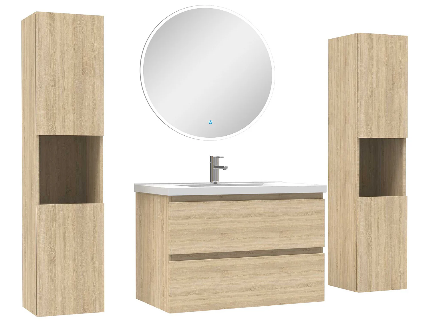 Ensemble meubles Salle de Bain avec colonne et miroir rond mural 80cm meuble Chêne Wotan