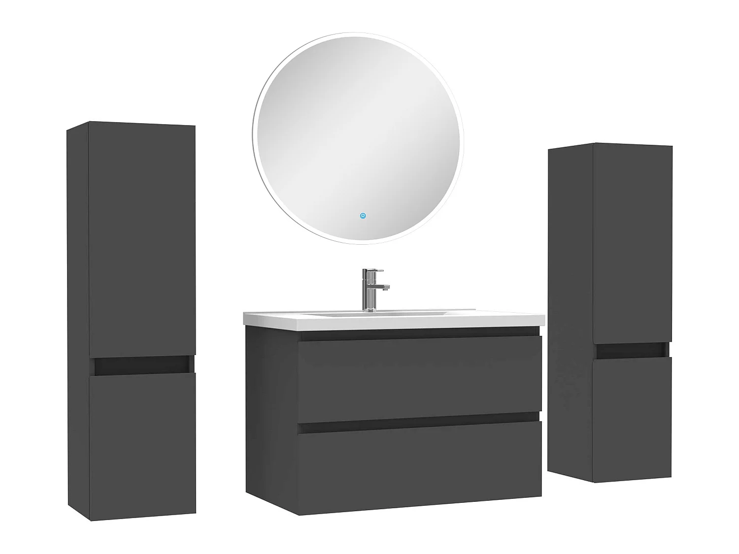 Ensemble meubles Salle de Bain avec colonne + miroir rond mural 80cm meuble Anthracite