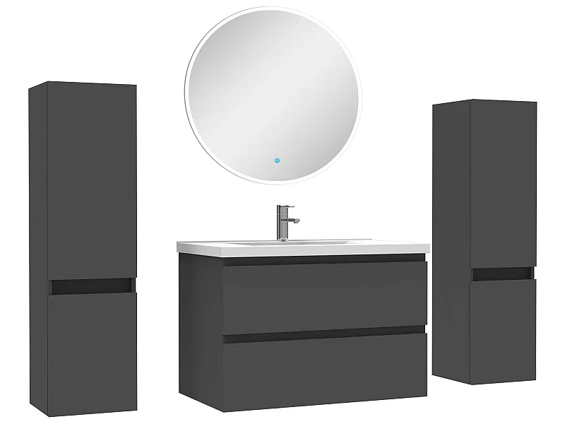 Ensemble meubles Salle de Bain avec colonne + miroir rond mural 80cm meuble Anthracite