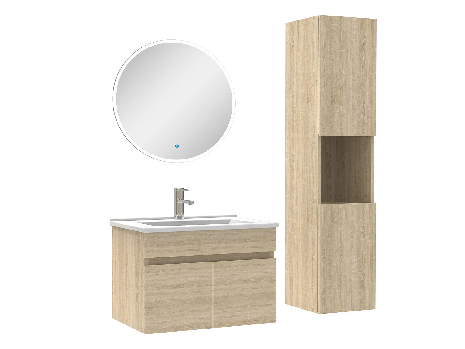 Ensemble Salle De Bain avec colonne et miroir rond 60cm meuble Chêne Wotan