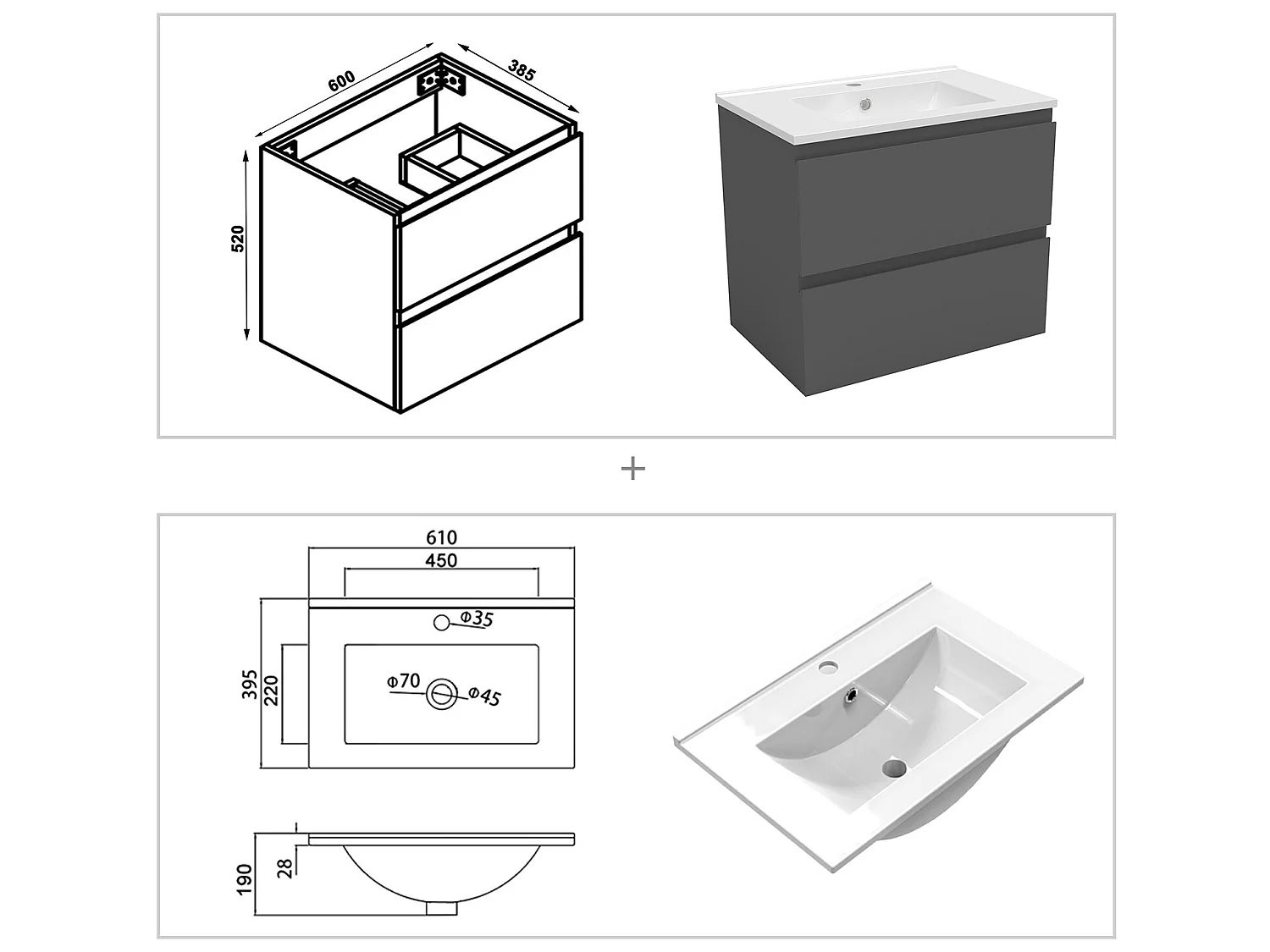 Ensemble meubles Salle de Bain Anthracite 60cm simple vasque + miroir lumineux rond