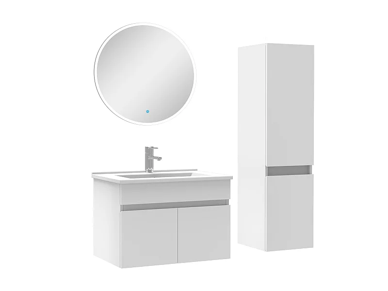 Ensemble Salle De Bain simple vasque avec colonne et miroir rond 60cm meuble blanc