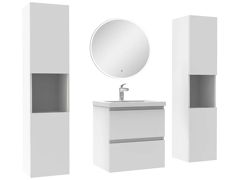 Ensemble meubles Salle de Bain avec colonne et miroir rond mural 50cm meuble blanc