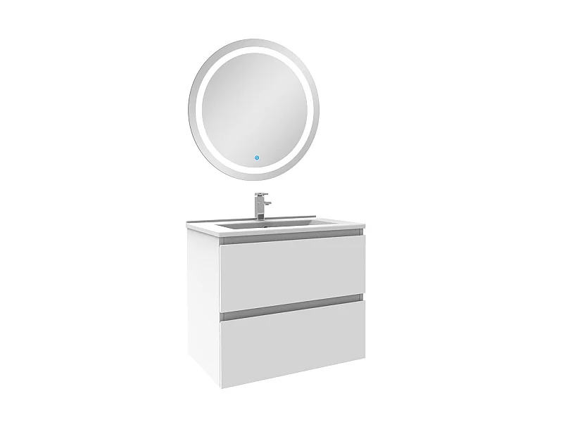 Ensemble meuble Salle de Bain 60cm Blanc simple vasque + miroir lumineux rond