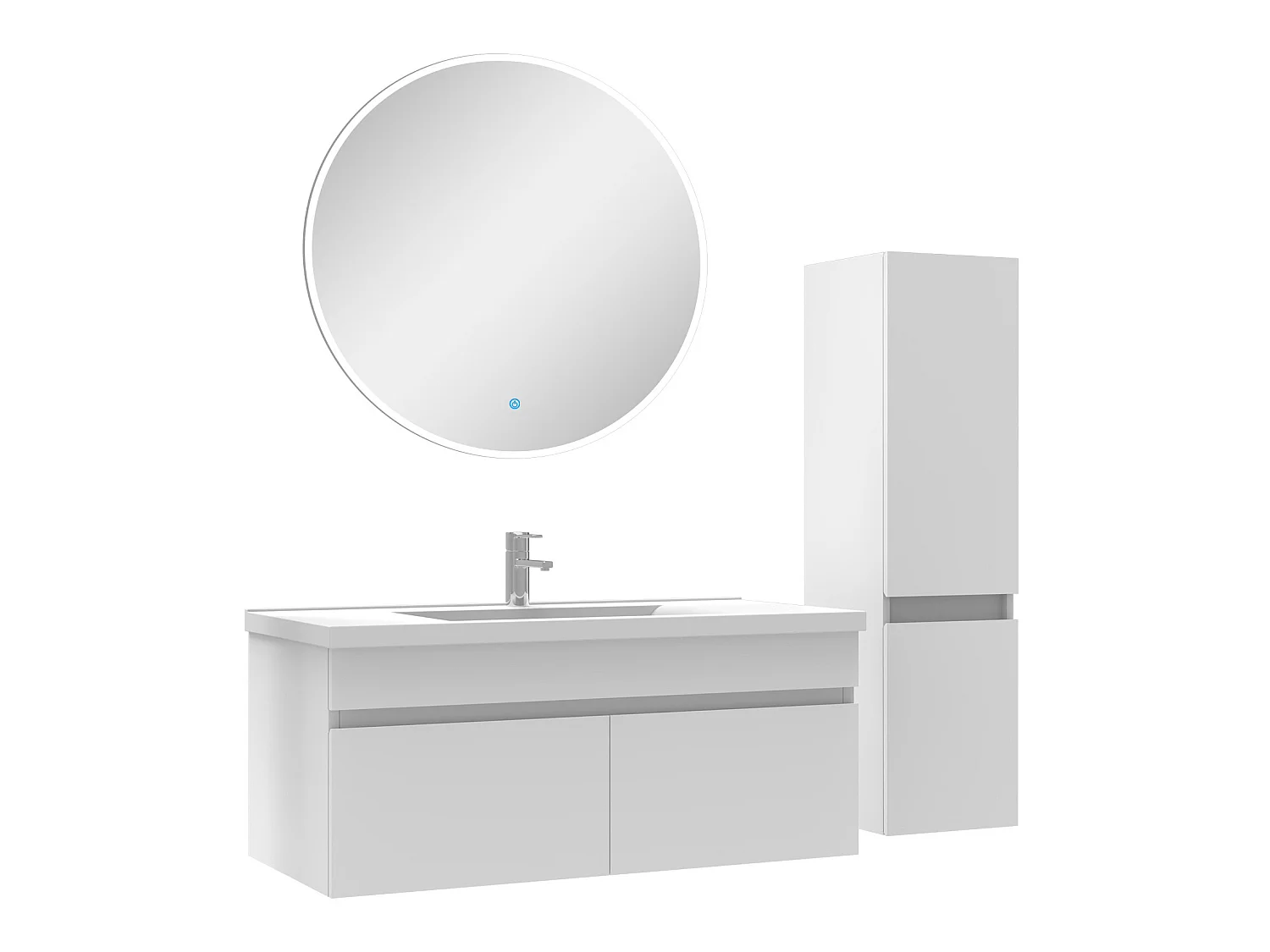 Ensemble Salle De Bain simple vasque avec colonne et miroir rond 100cm meuble blanc