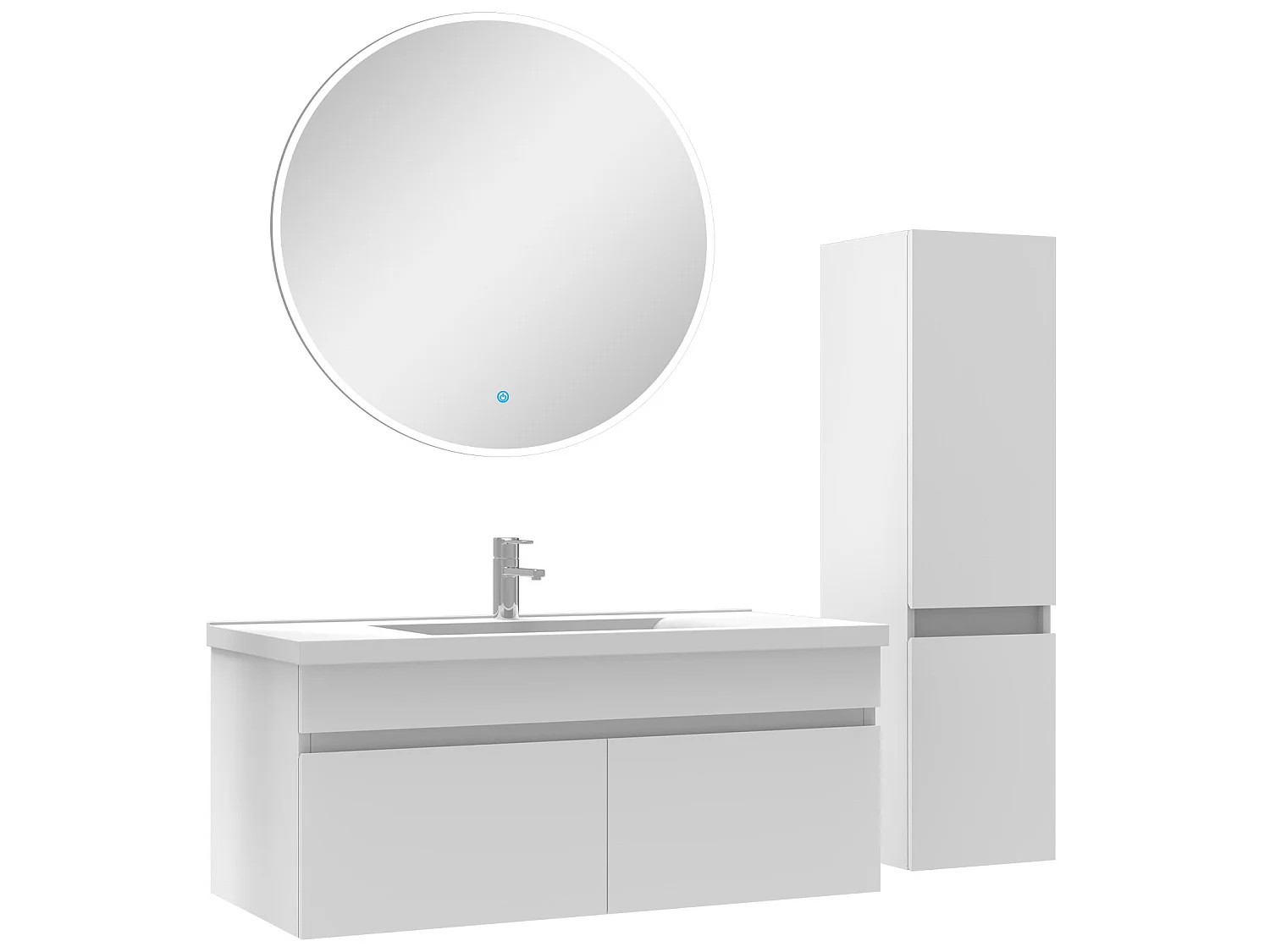 Ensemble Salle De Bain simple vasque avec colonne et miroir rond 100cm meuble blanc