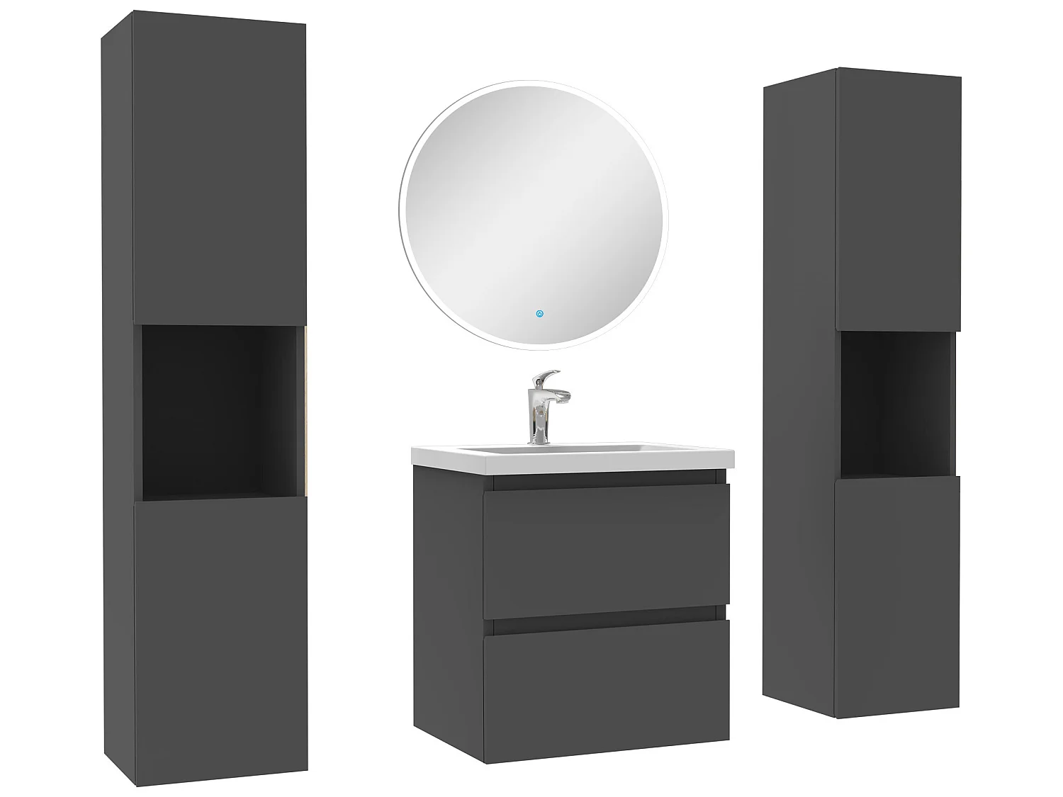 Ensemble meubles Salle de Bain avec colonne et miroir rond mural 50cm meuble Anthracite