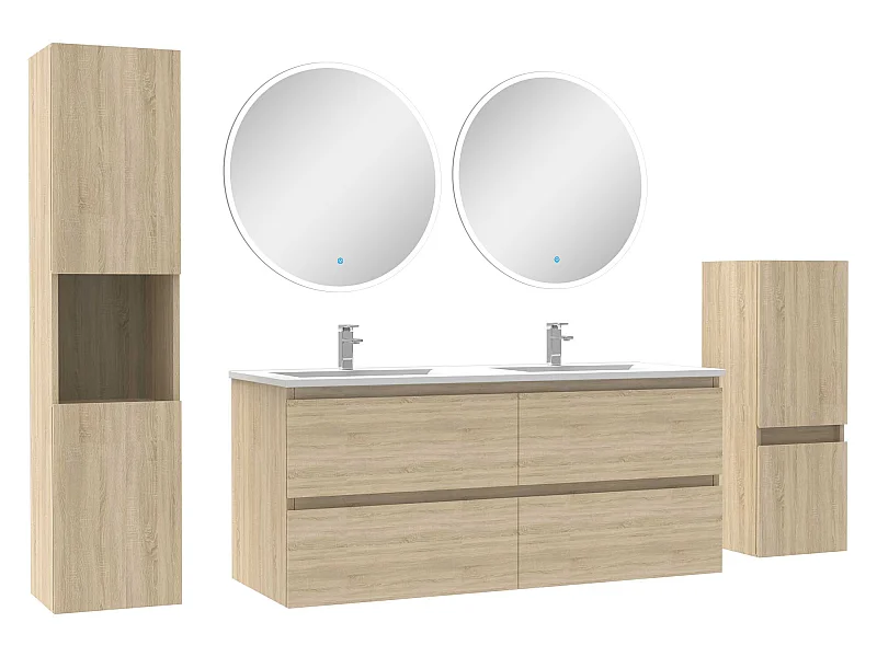 Ensemble meubles Salle de Bain 120cm double vasque + colonne + miroir rond mural Chêne Wotan