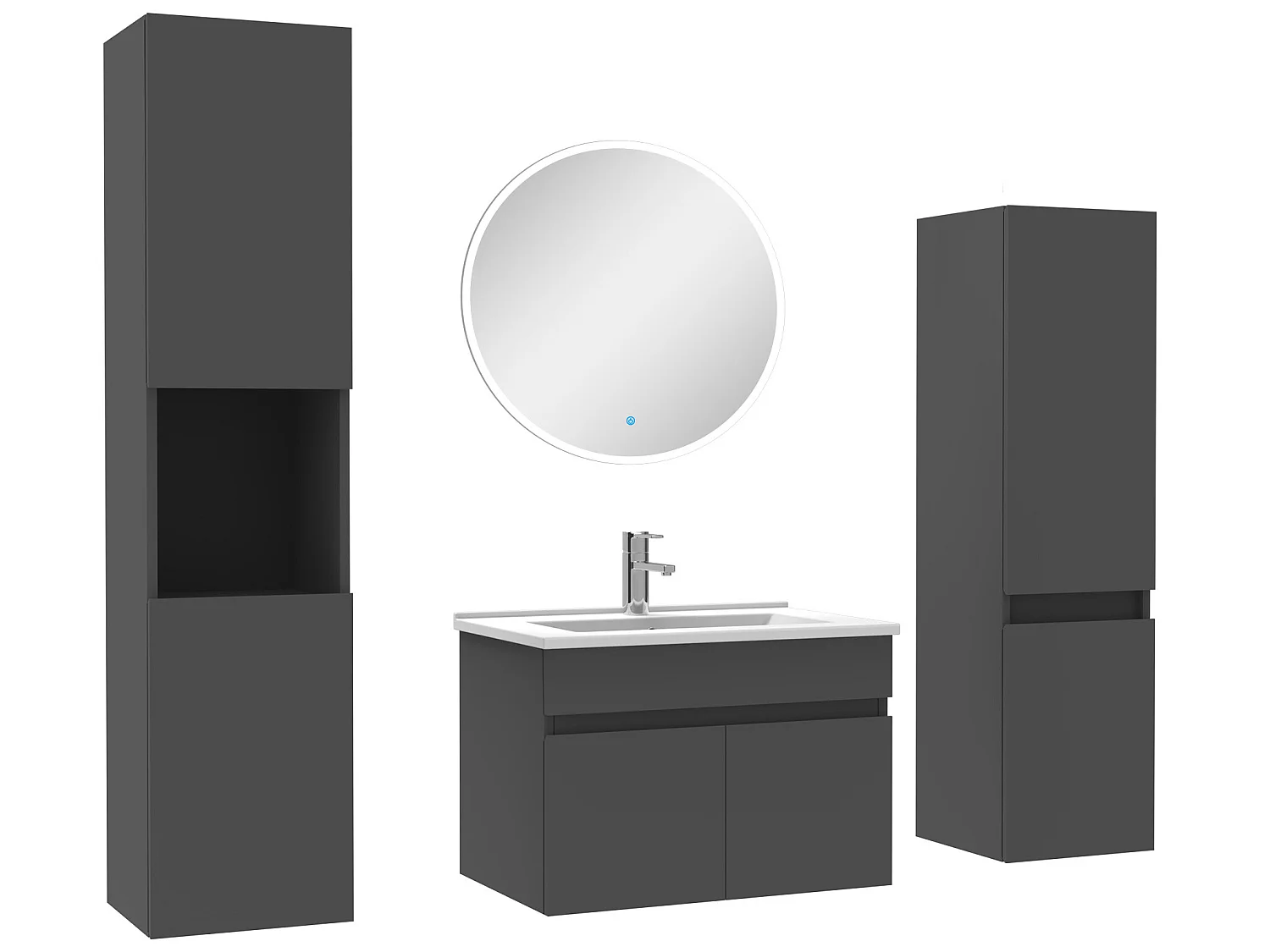 Meuble Salle de Bain Anthracite 60cm simple vasque + colonne + miroir rond LED