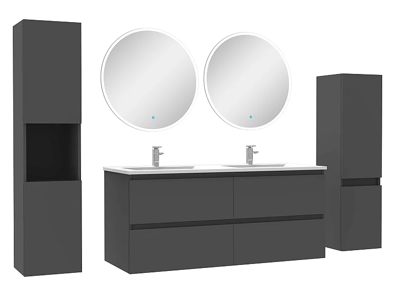 Ensemble meubles Salle de Bain 120cm vasque + colonne + miroir rond mural Anthracite