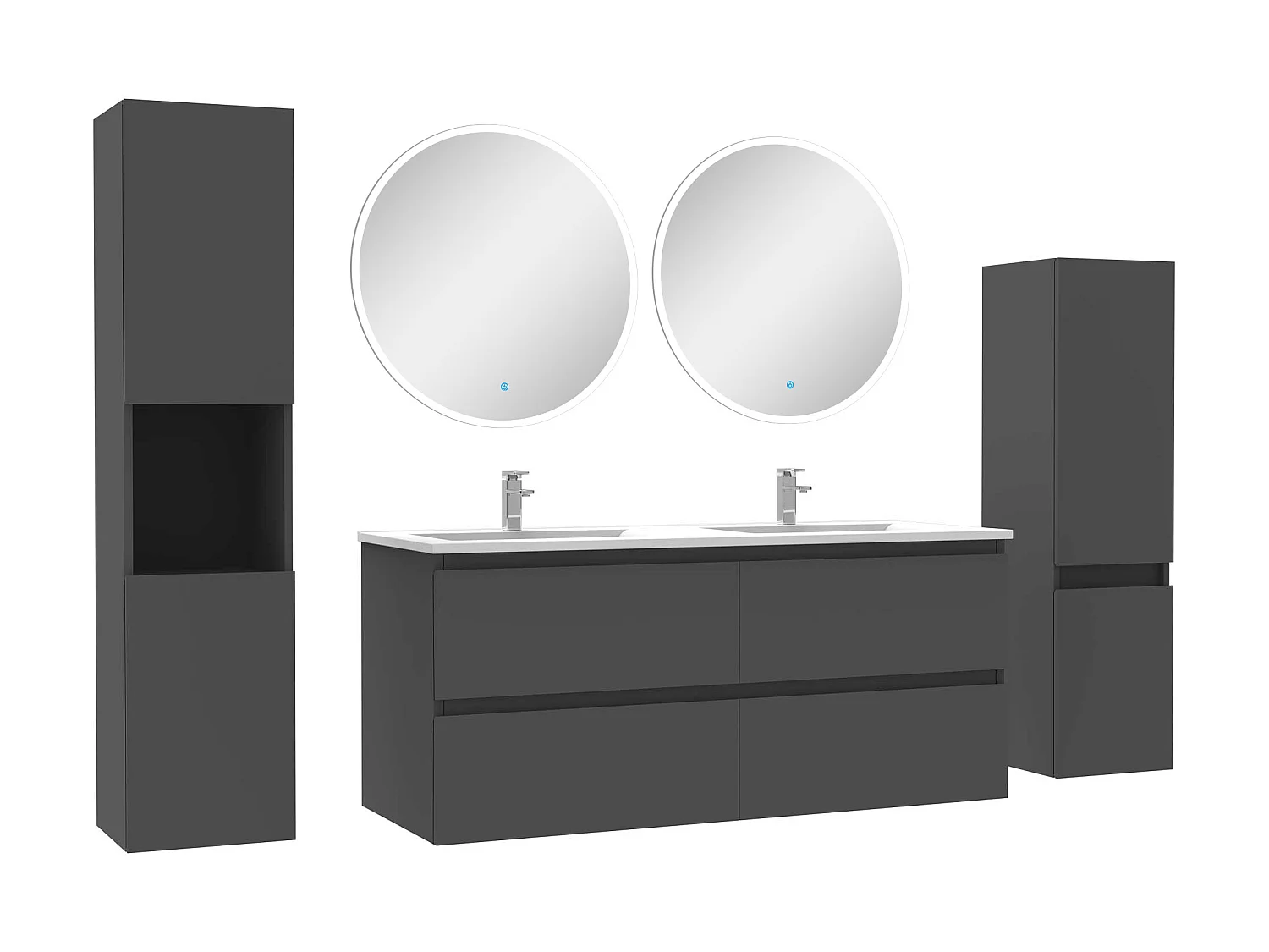 Ensemble meubles Salle de Bain 120cm vasque + colonne + miroir rond mural Anthracite