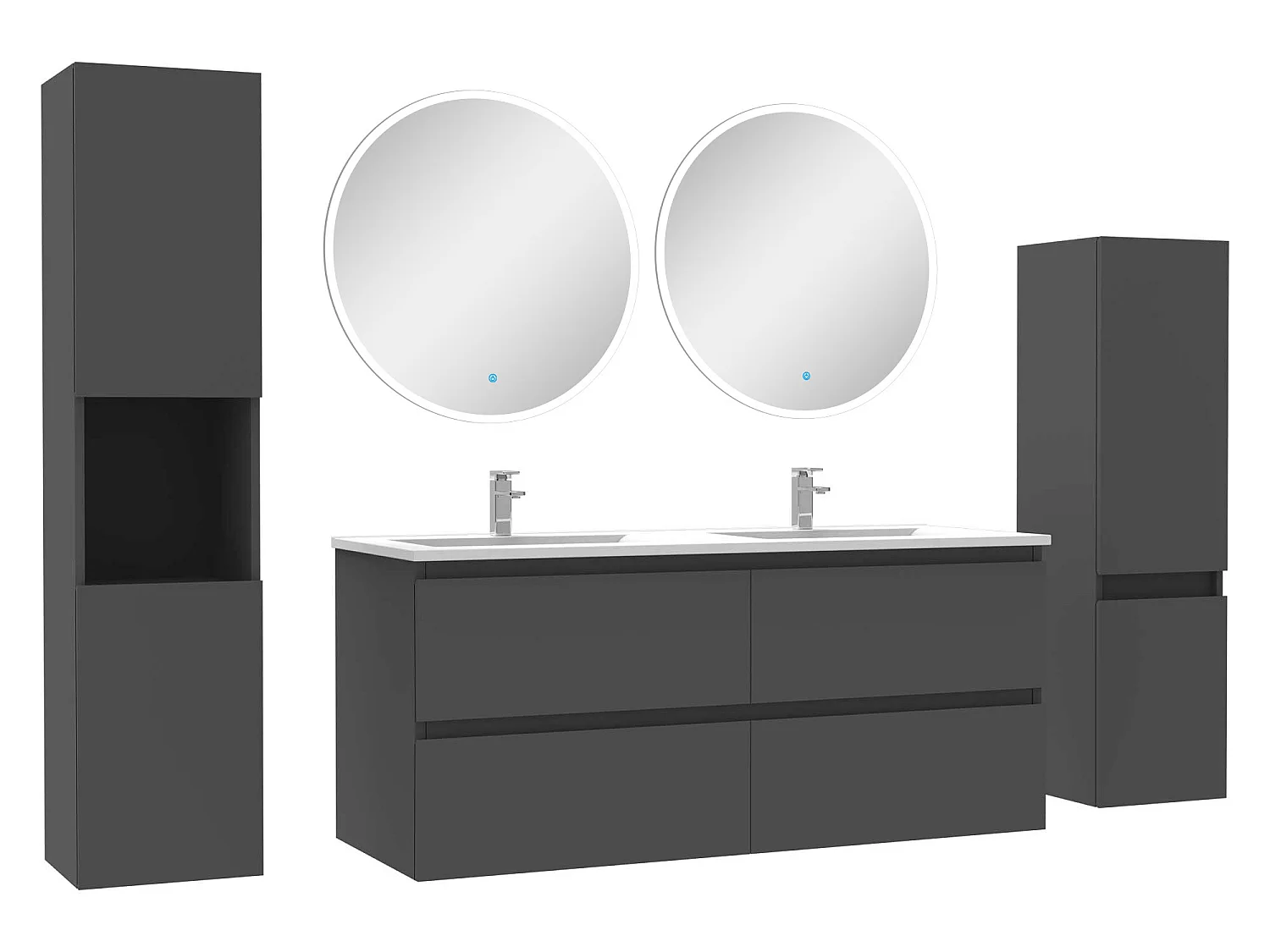 Ensemble meubles Salle de Bain 120cm vasque + colonne + miroir rond mural Anthracite