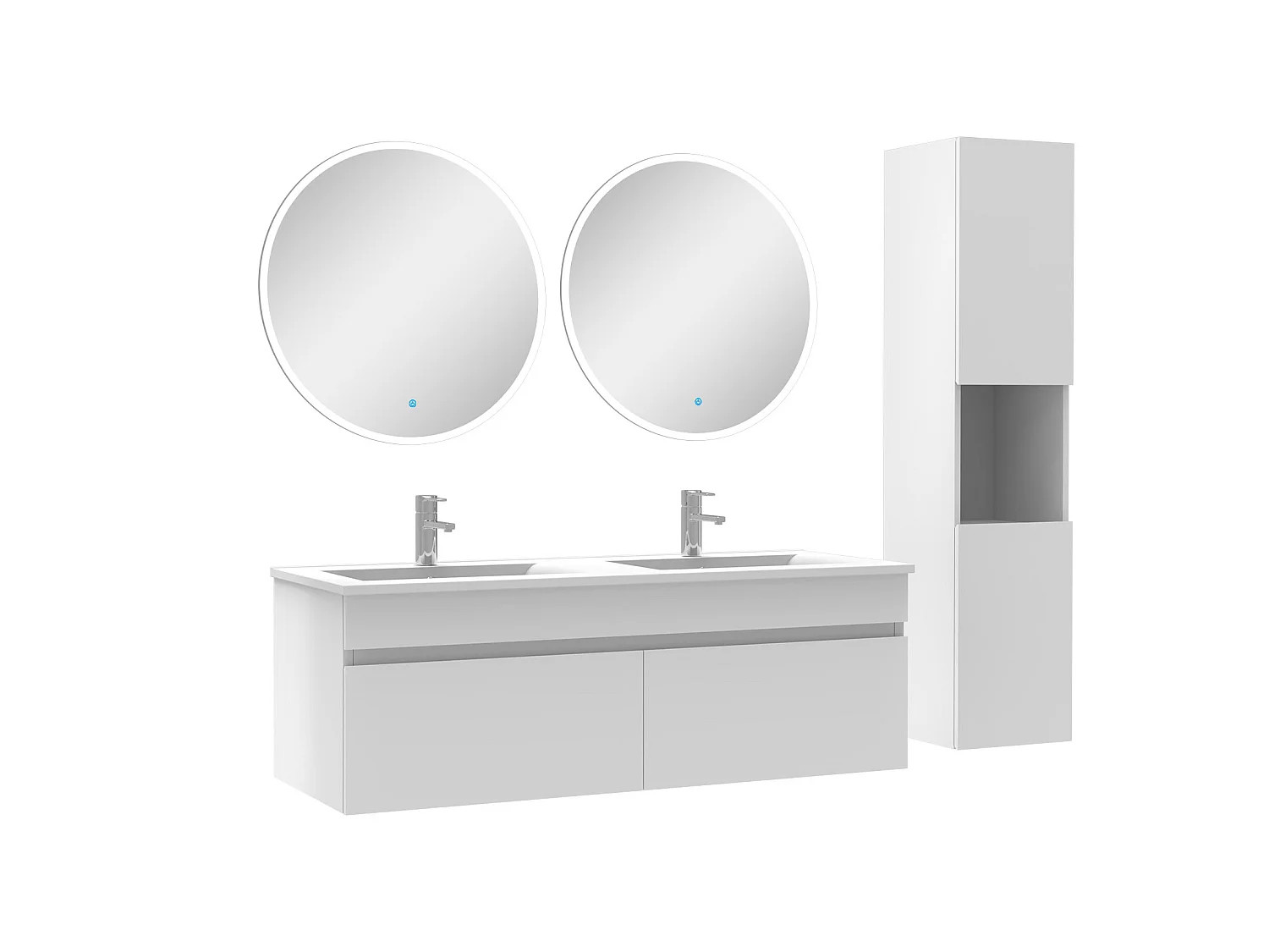 Ensemble Salle De Bain avec colonne et miroir rond 120cm meuble blanc
