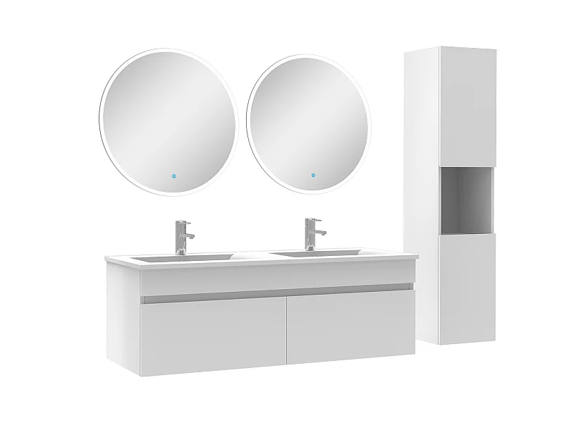 Ensemble Salle De Bain avec colonne et miroir rond 120cm meuble blanc