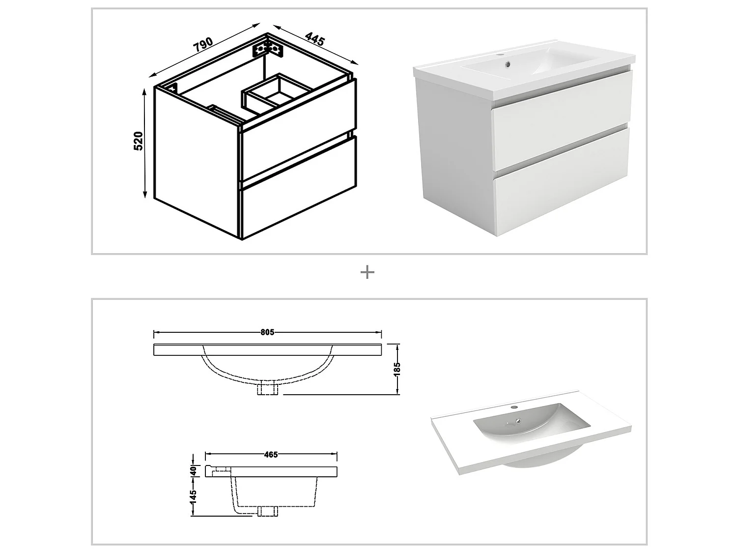 Ensemble meuble Salle de Bain 80cm Blanc simple vasque + miroir lumineux rond