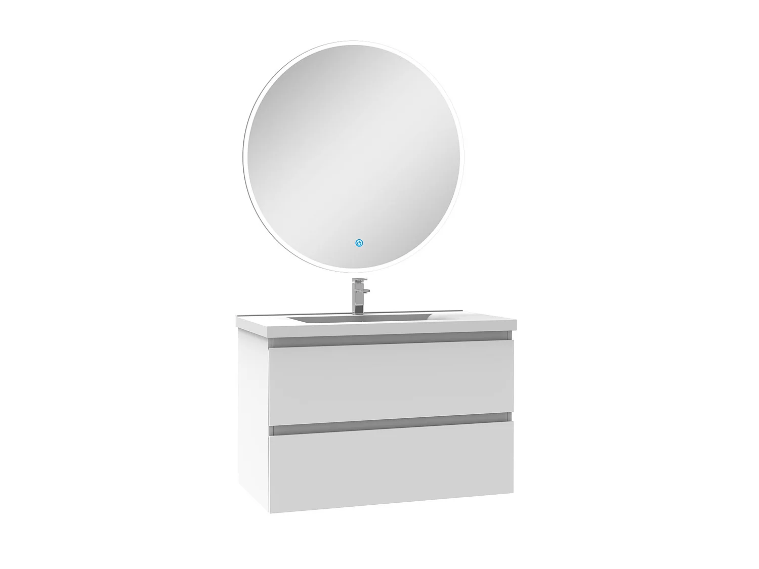 Ensemble meuble Salle de Bain 80cm Blanc simple vasque + miroir lumineux rond