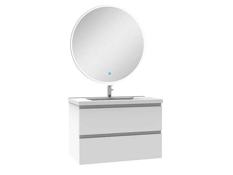 Ensemble meuble Salle de Bain 80cm Blanc simple vasque + miroir lumineux rond