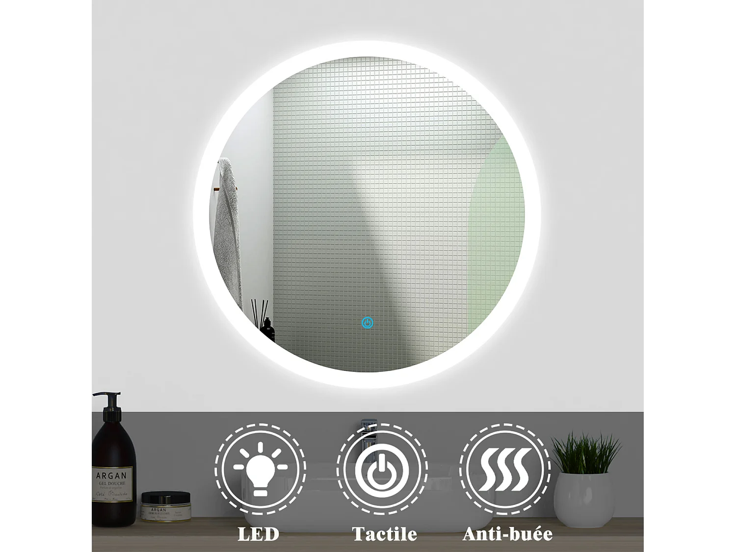 Ensemble meubles Salle de Bain simple vasque 60cm + miroir rond lumineux Chêne Wotan