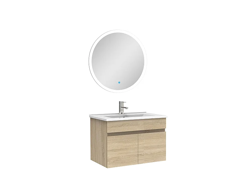 Ensemble meubles Salle de Bain simple vasque 60cm + miroir rond lumineux Chêne Wotan