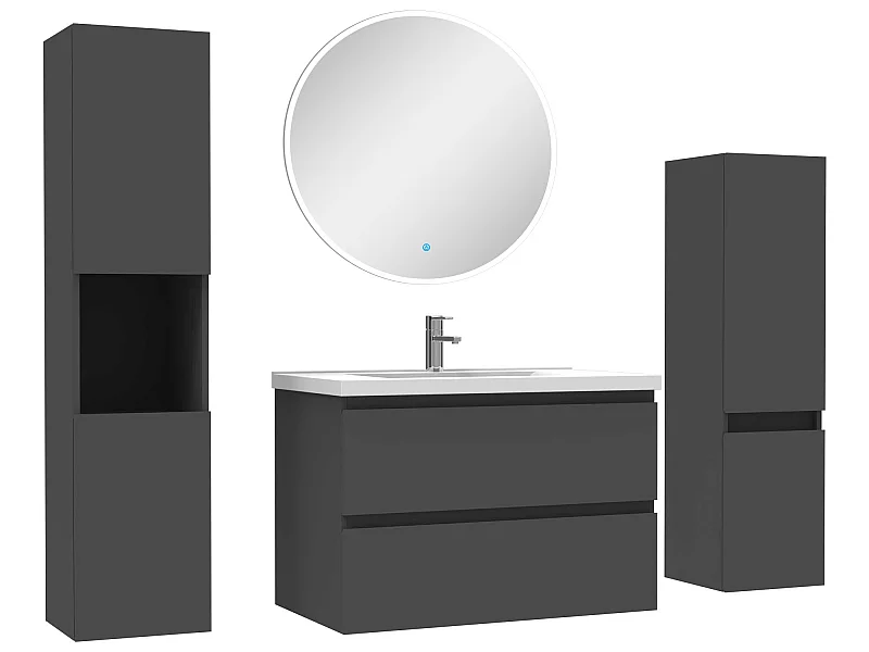 Ensemble meubles Salle de Bain 80cm vasque + colonne + miroir rond mural Anthracite
