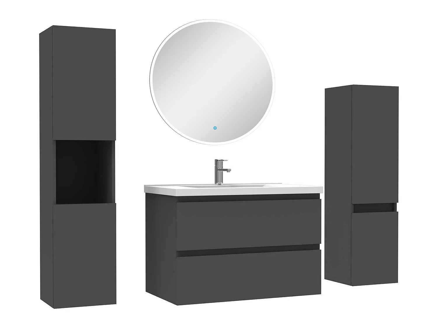 Ensemble meubles Salle de Bain 80cm vasque + colonne + miroir rond mural Anthracite