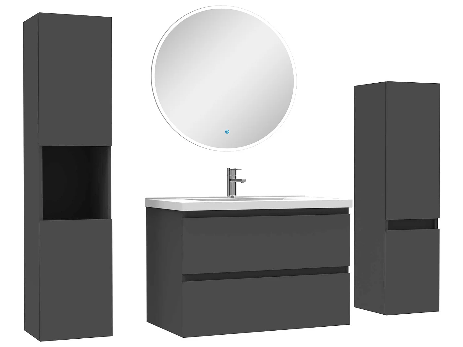 Ensemble meubles Salle de Bain 80cm vasque + colonne + miroir rond mural Anthracite