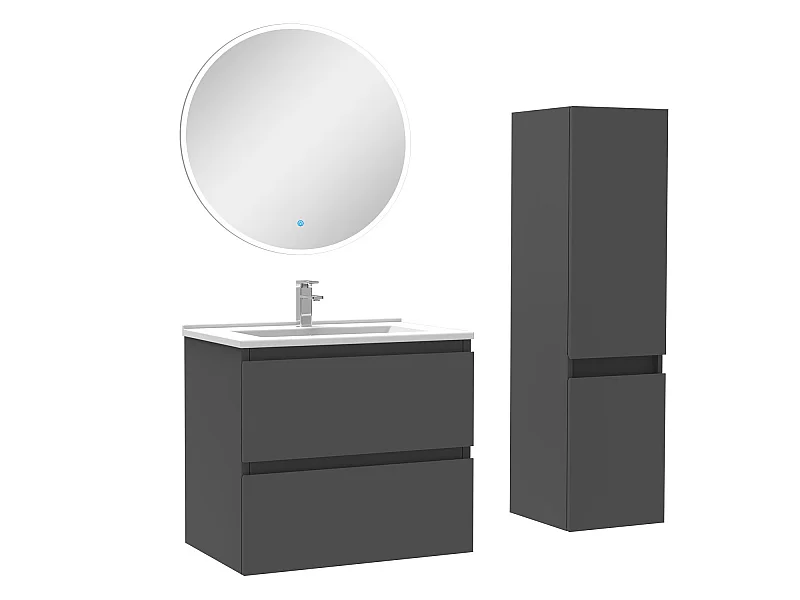Ensemble meubles Salle de Bain 60cm vasque + colonne + miroir rond lumineux Anthracite